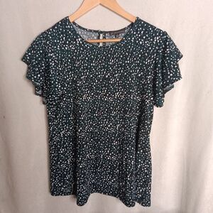 Adrianna Papell Dark Green and White Ruffle Sleeve Blouse